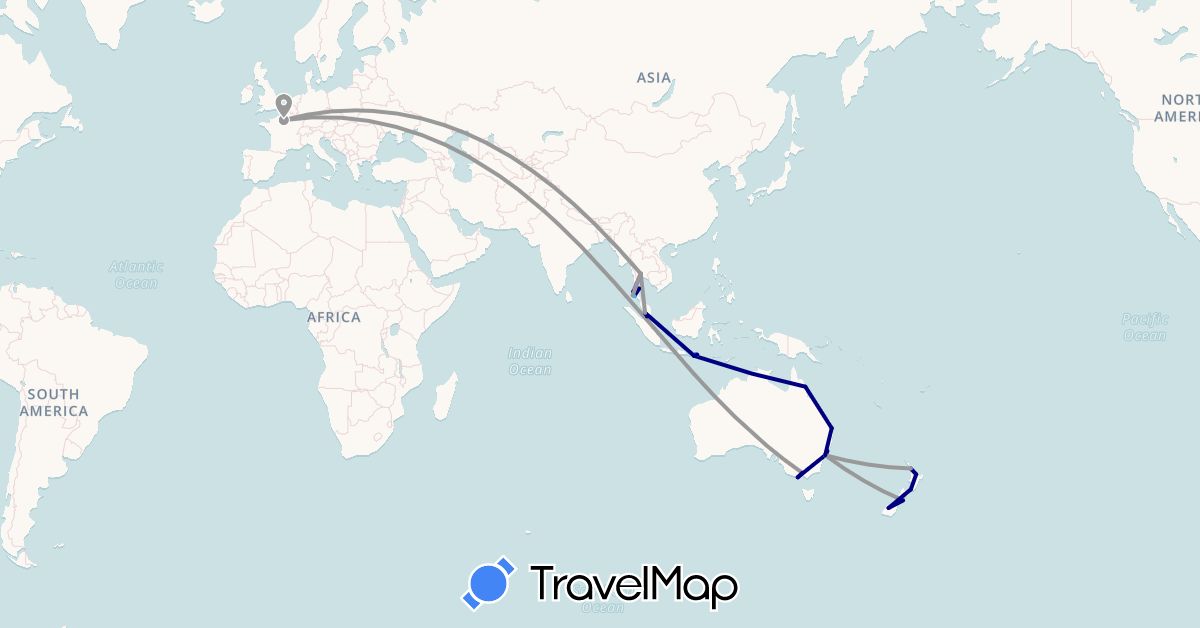 TravelMap itinerary: driving, plane, train, boat in Australia, France, Indonesia, Malaysia, New Zealand, Thailand (Asia, Europe, Oceania)